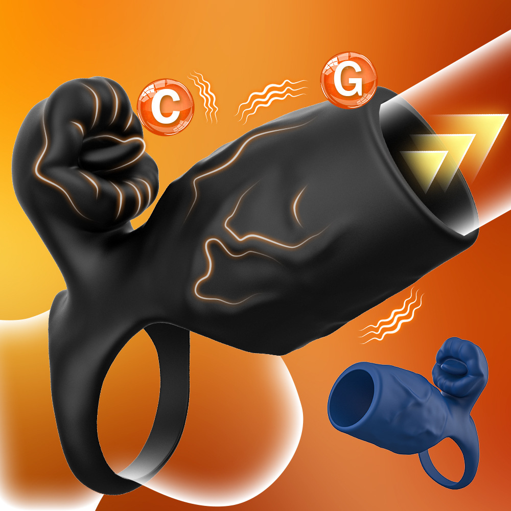 Vibrating Couples Ring with Textured Silicone Sleeve, Button Control, Black — detail image 1