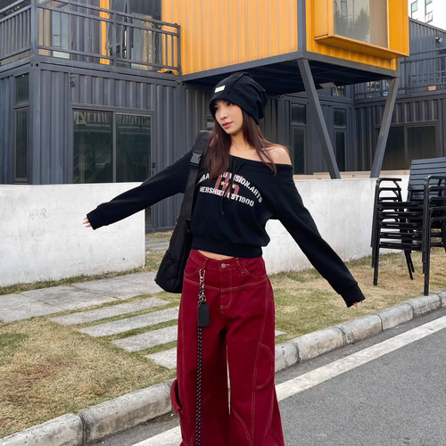American retro red machete jeans for women, deconstructed open-line design, loose casual wide-leg mop long pants