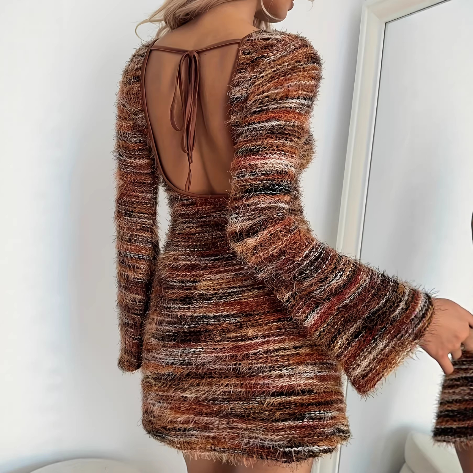 Women's Elegant Tie Waist Dress Long Sleeved Knitted Autumn Short Striped New Best Selling_ecoleips.com