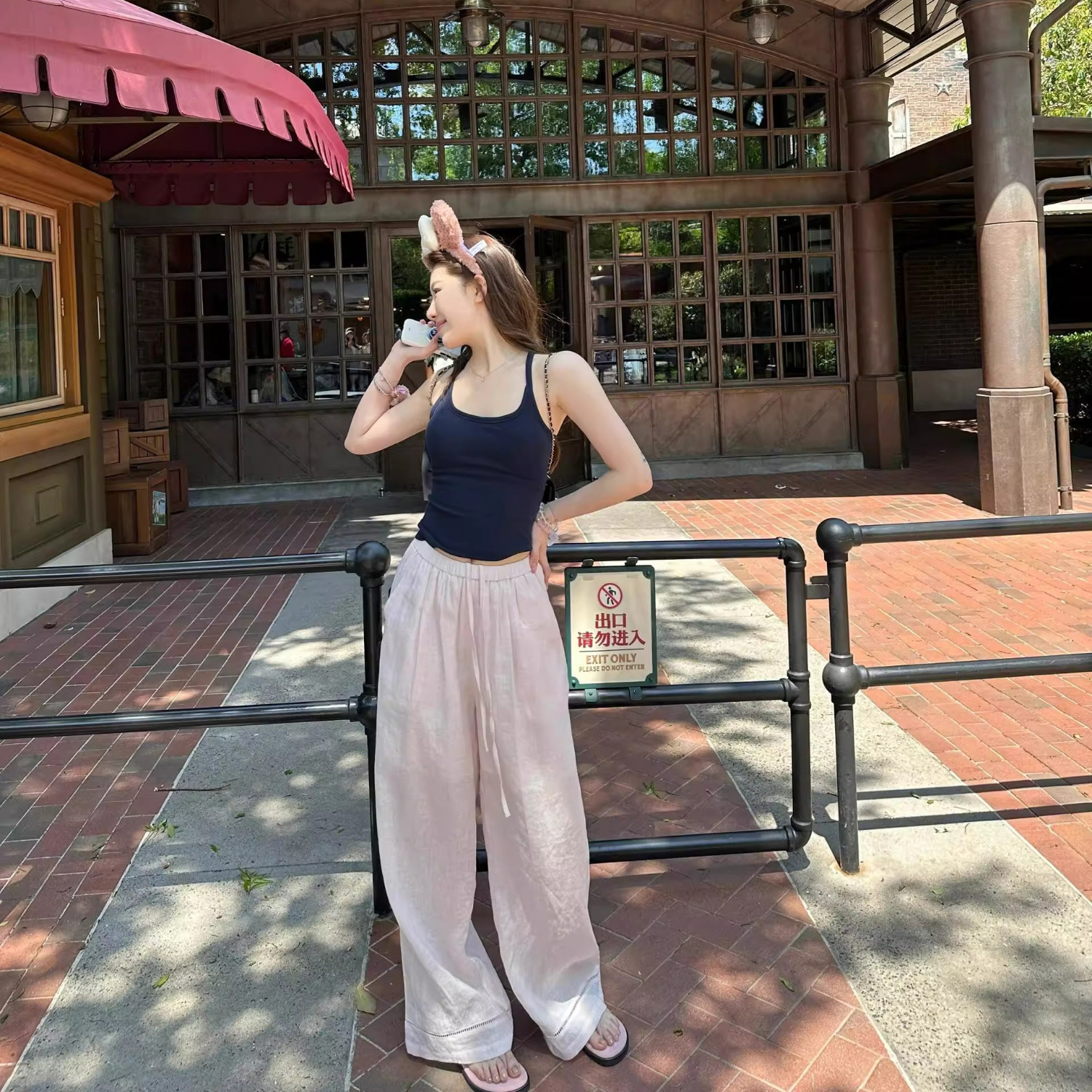 薄い綿とリネンのピンクのリネンワイドレッグパンツ、女性用、夏、優しい、ゆったり、カジュアル、レースアップ、ウエストゴム、ストレートパンツ