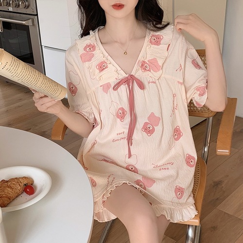 Summer women's pajamas short-sleeved shorts set cute doll collar cotton cartoon breathable loose summer home clothes