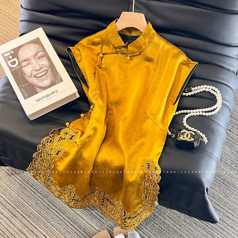 National Style High-End Cut Out Buttoned Waistcoat Shirt Top Women's New Xiangyunsha Elegant Stand-Up Collar Slim Vest