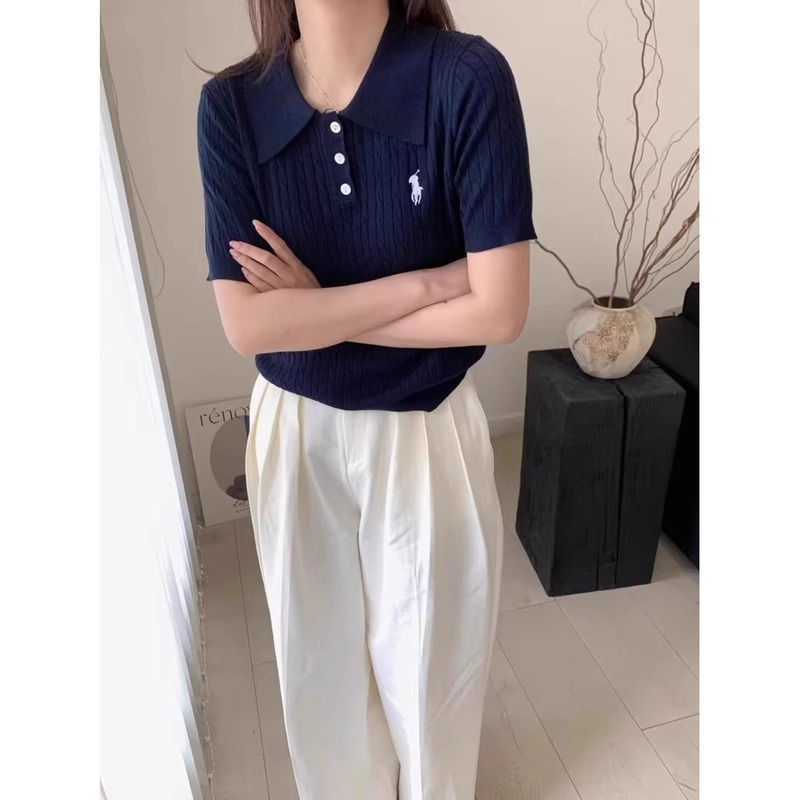 韓国ポニー刺繍ポロ襟ツイストニット半袖Tシャツレディース夏スリムで万能なショートトップA3958|undefined