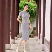 老上海牡丹提花旗袍女2024显瘦复古中年妈妈气质连衣裙中国风夏季