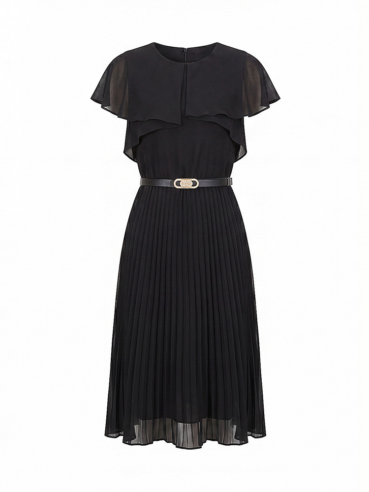 Đầm maxi nữ thắt eo chất liệu chiffon phối lá sen xếp ly — màu đen