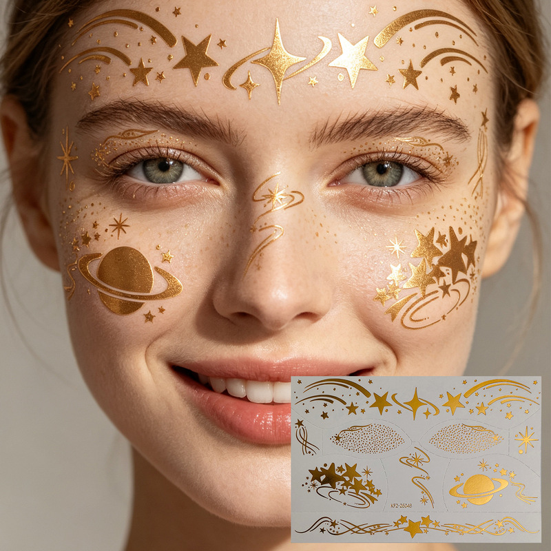 Gold and silver glitter starry sky face tattoo stickers, planet and star designs, waterproof temporary tattoo stickers for music festivals and parties Gold and silver glitter starry sky face tattoo stickers, planet and star designs, waterproof temporary tattoo stickers for music festivals and parties