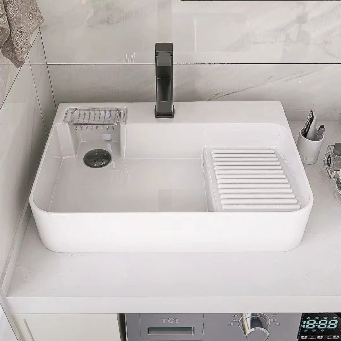 Household Countertop Basin with Washboard, Balcony Laundry Basin, Washing Machine Basin, Side Drain Washbasin, Washbasin, Single Basin