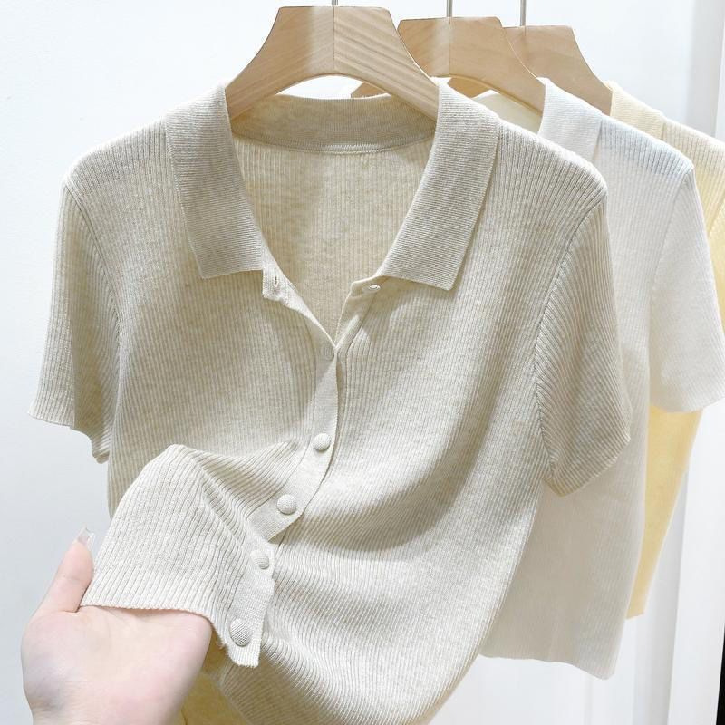 French Style Thin Polo Collar Knitted Sweater Women's Summer Elegant Slim-fit Short Sleeve All-match Short Cardigan Top