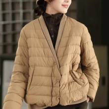 拼接毛呢V领羽绒服2025文艺复古90白鸭绒设计感轻薄百搭休闲外套