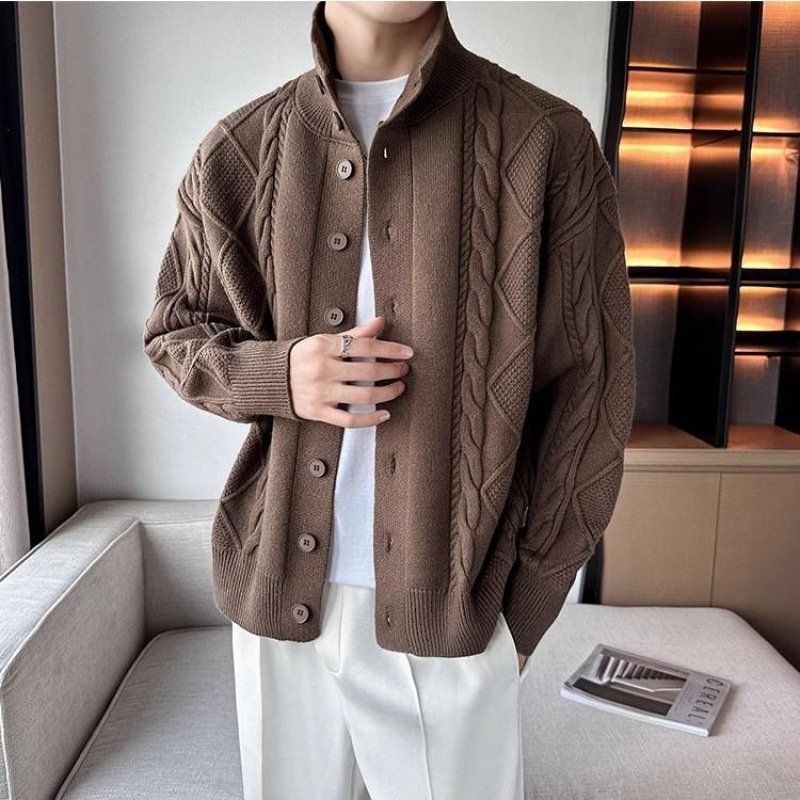 Autumn and Winter Men's High Quality Twist Knitted High-end Cardigan Men's Coat Loose Korean Style High Neck Solid Color Sweater Trendy