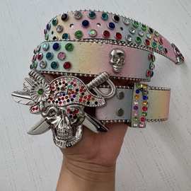 朋克创意腰带海盗骷髅头皮带欧美风水钻PU皮带个性摇滚时尚腰带