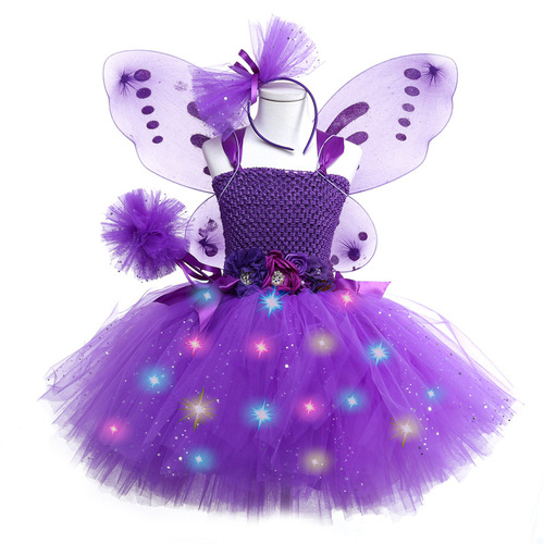 Children's performance costume for girls, princess dress with flashing lights and glowing butterfly wings, handmade tutu dress for June 1st performance.
