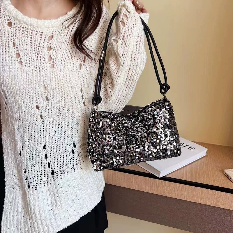 One-shoulder sequin bag, 2023 leisure collection, universal one size (black / silver)