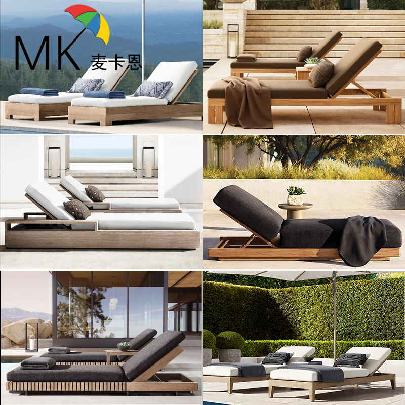 Teak lying bed Swimming Pool B & B terrace solid wood recliner beach garden waterproof sunscreen hotel designer sofa bed