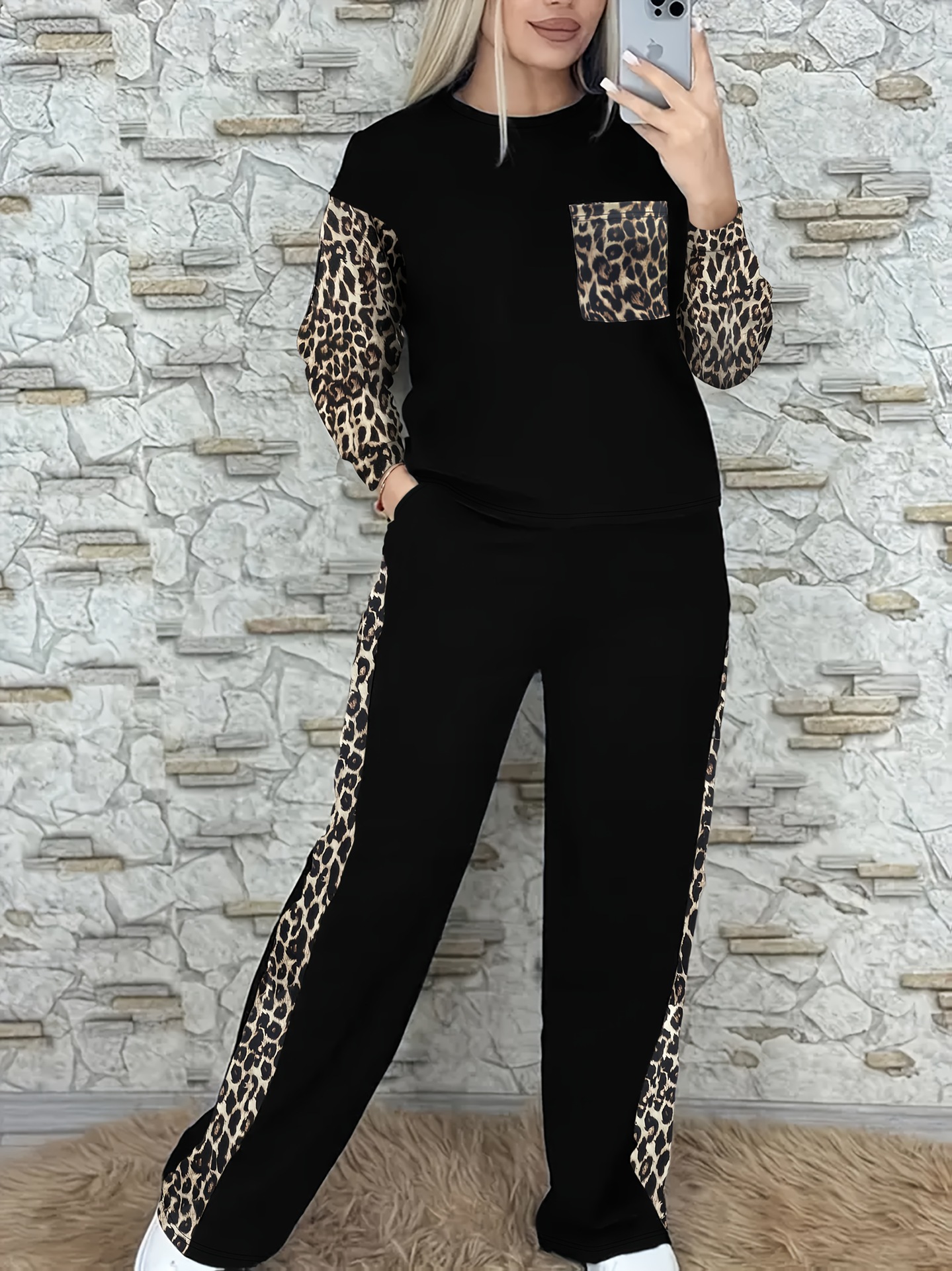 Women's Leopard Print Two Piece Set Crew Neck Top & High Waisted Trousers European American Style Trendy Winter Outfit_ecoleips.com