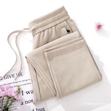 新款100%全棉直筒裤春秋薄款纯色运动裤高品质女士休闲高腰显瘦裤