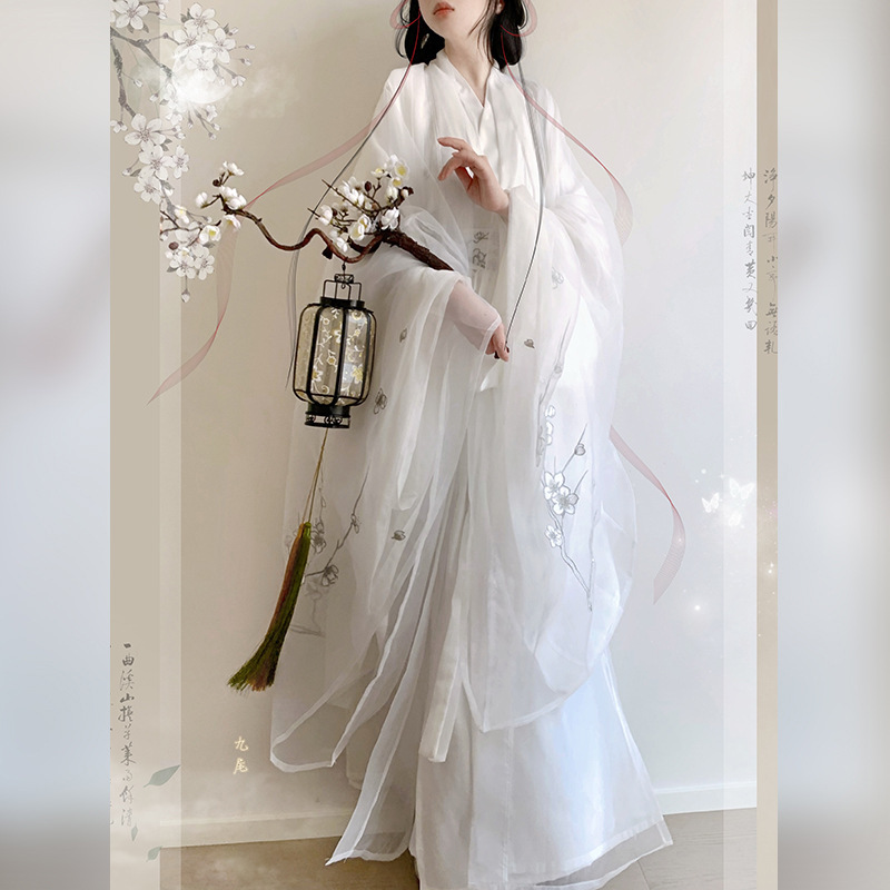 Han Yu Kui's Original Silver Embroidery Heavy-Duty Embroidered Cross-Collar Long-Sleeve Shirt and Straight Hem Long Gown Daily Hanfu Set in Chinese Style