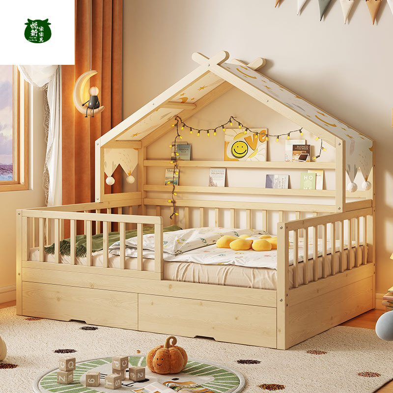 Guardrail Household Baby Single Bed All Solid Wood Tree House Bed Children's Bed Boy Girl Princess Bed Small Bed with Drag Bed