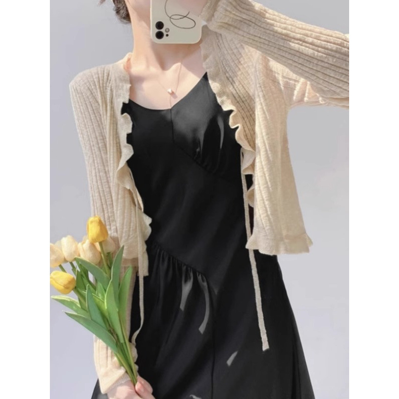 Ruffled Cardigan with V-Neck Sun Protection Shirt and Camisole, Women's Summer Thin Ice Silk Knit Jacket
