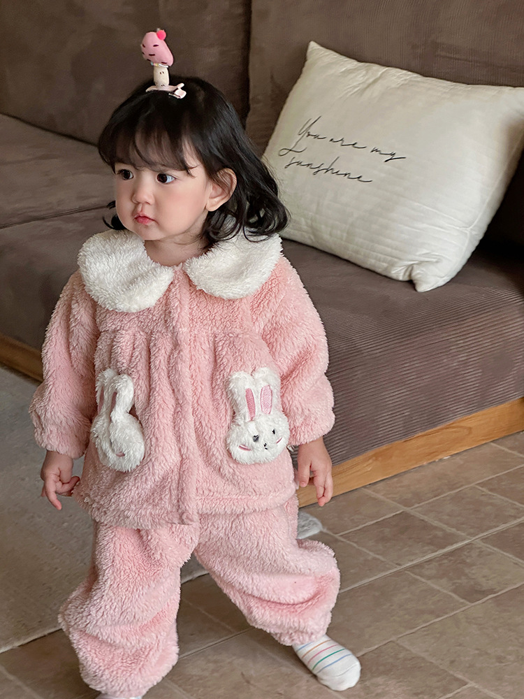 Ropa de invierno, ropa de casa para bebés y niños pequeños, estilo occidental, lindo conejito, cuello de muñeca, mampara de piel cálida, traje de bebé femenino