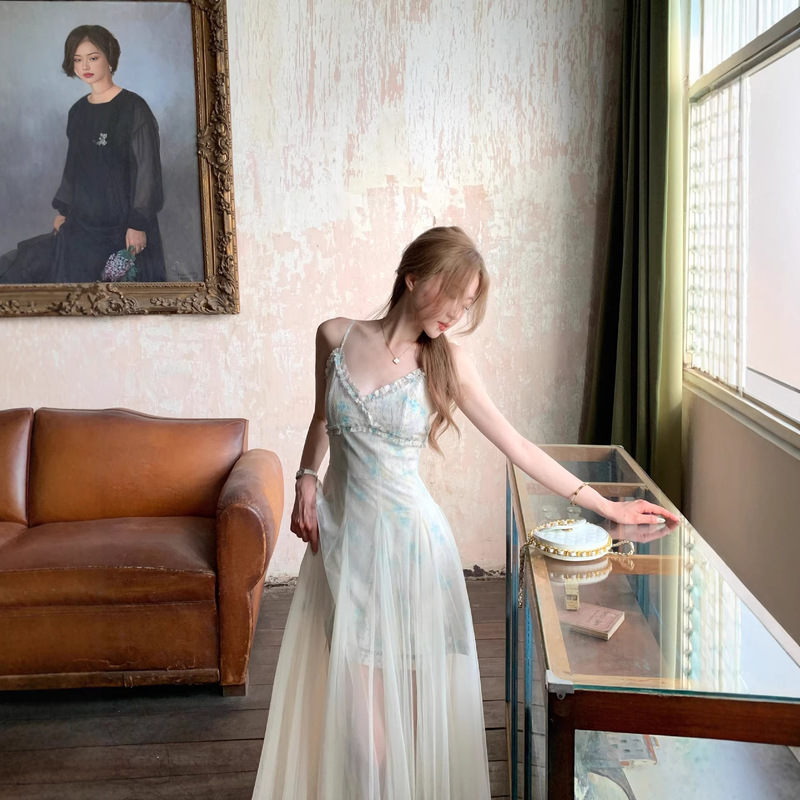 2026 Summer New Mint Green Mesh Dress Fairy-Style Vacation Seaside Lace Summer Spaghetti Strap Long Dress