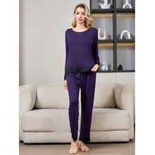 跨境蕾丝性感圆领纯莫代尔棉居家服睡衣女士大码宽松外贸长袖套装