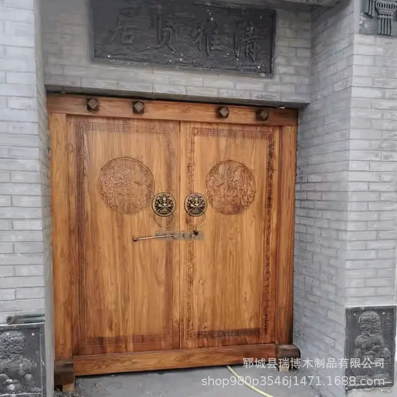 复古做旧中式榆木大门老式雕花双开门自建房会所别墅老榆木大门