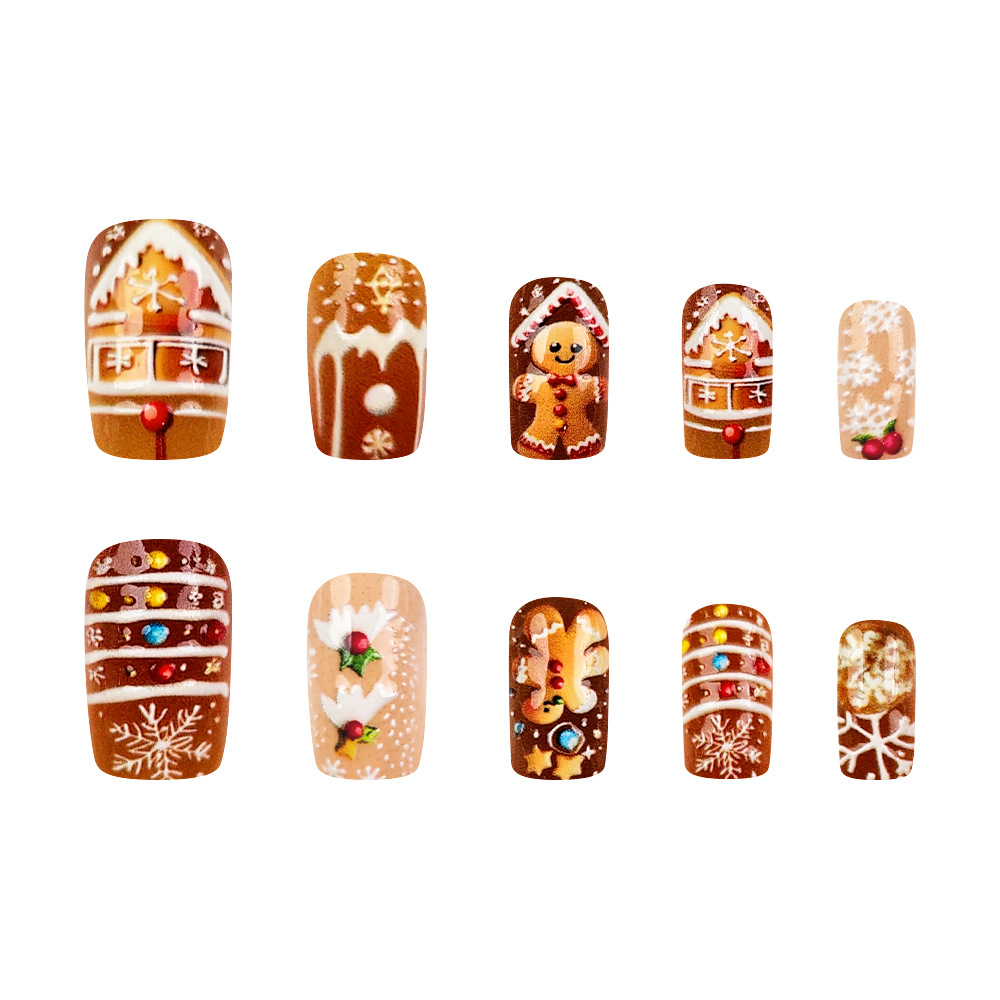 Comercio exterior Navidad pan de jengibre hombre usa uñas 3D en relieve tridimensional uñas 24 piezas de vacaciones de otoño y invierno uñas falsas