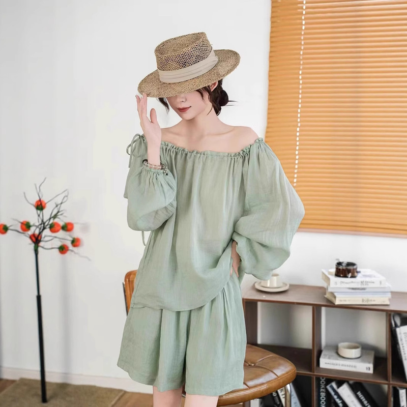 2025 New Summer Clothes One-Shoulder Ramie Loose Artistic Tops Casual Women's Off-Shoulder Lantern Sleeve Shirt Suit