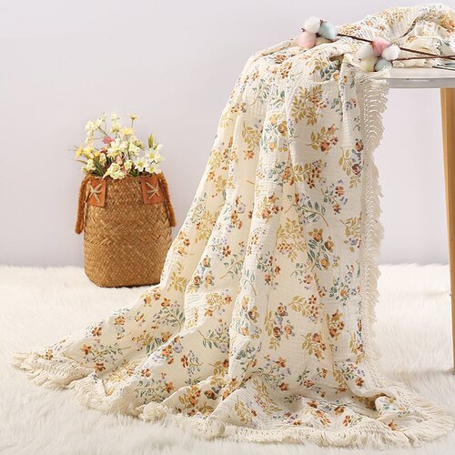 New European and American Children's Fringe Edge Printed Pure Cotton Blanket Baby Bath Towel Infant Blanket Stroller Cover Summer Cooling Blanket