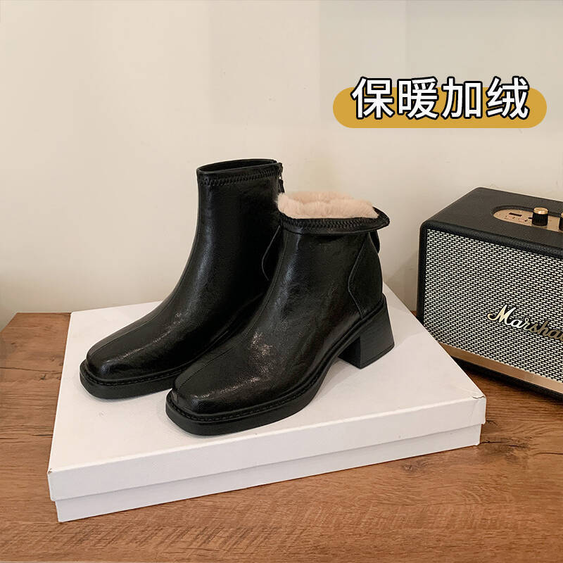 Height-Increasing 10cm High-Heeled Short Boots for Women 2025 Autumn and Winter New Warm Fleece-Lined Boots French Thick Heel Slim Boots