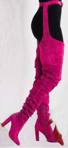 Scarpe da donna in pelle scamosciata tinta unita alla moda con punta affilata e tacco spesso sopra il ginocchio e la vita stivali sexy stivali alla moda da donna_voghion.com