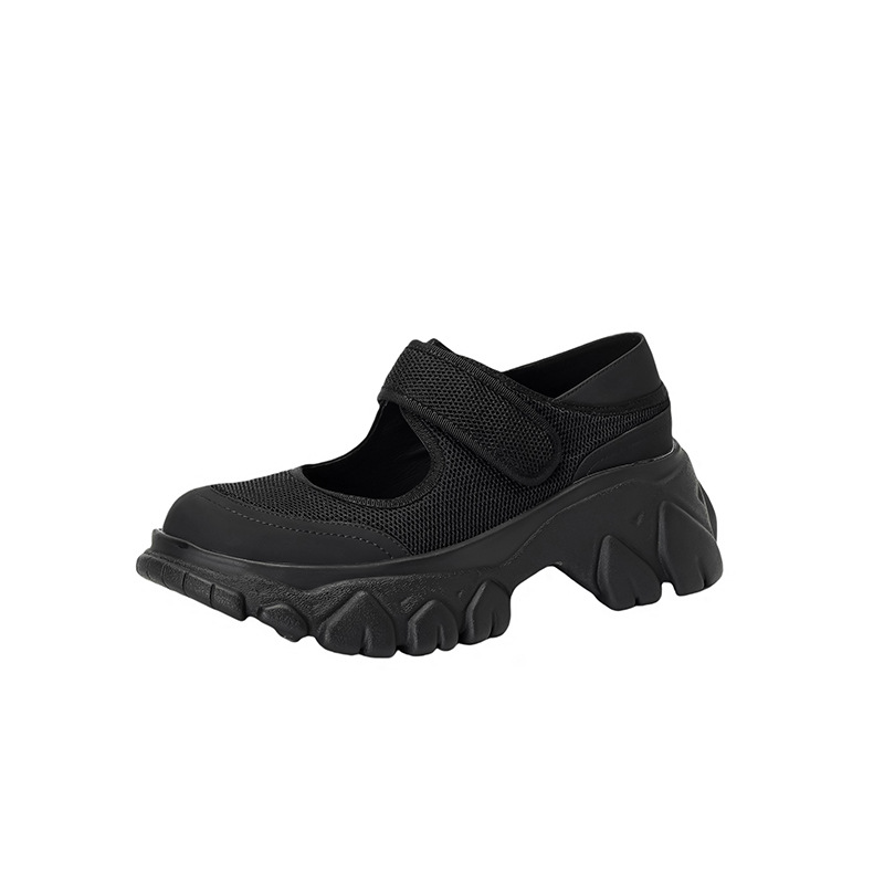 Giày Mary Jane nữ đế dày da thật quai ngang khóa Velcro — Đen + lưới, Đen + vải lụa