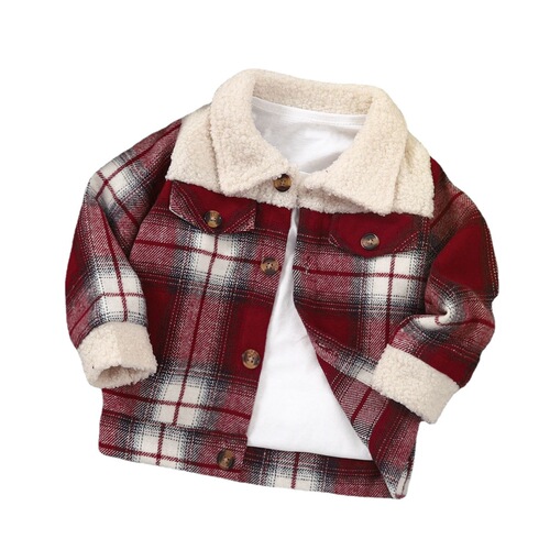 INS Kids' Spring and Autumn Collarless Plaid Padded Lapel Single-Breasted Fleece Casual Jacket for Boys