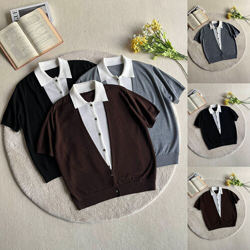 Lao Qian style POLO shirt short-sleeved sweater men's fake two-piece lapel cardigan ice silk T-shirt summer cross-border factory wholesale