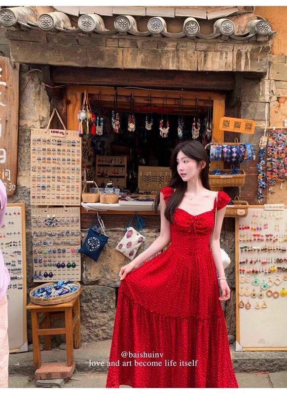 Beach Resort Style Red Polka Dot Dress Women's New Summer Style Lace-Up Waist Slimming Long Dress