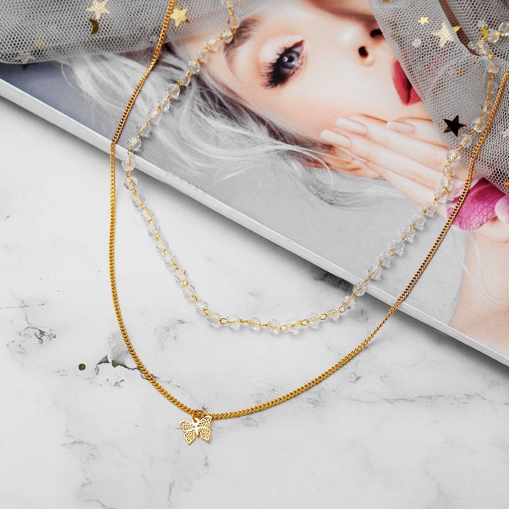 Fashion Butterfly Alloy Beaded Plating Layered Necklaces