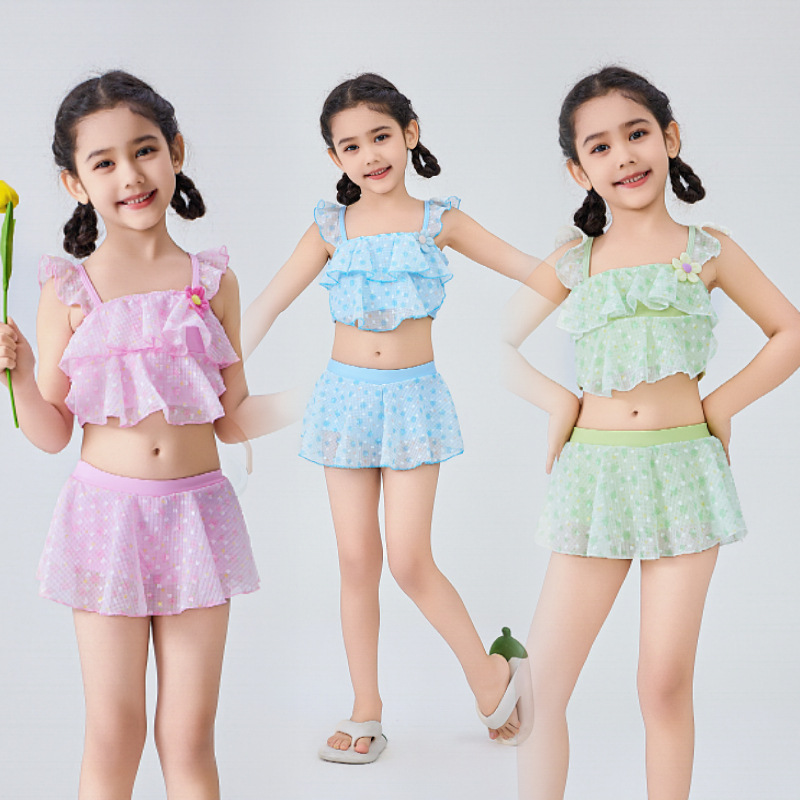 2025 New Kidsren's Swimsuit Girls Split Two-Piece Fashion Suspender Mesh Cute Junior High School Student Princess Swimsuit