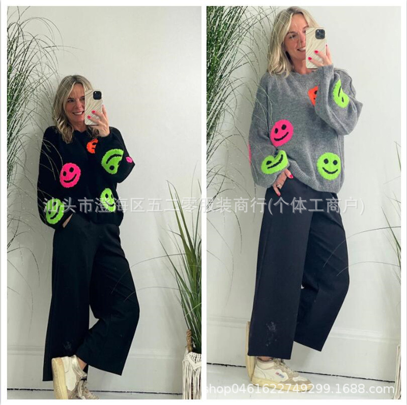 2026 Fall/Winter New European and American Amazon eBay Pullover Knit Women's Sweater Cute Smiley Face Loose Long Sleeve 2 Colors