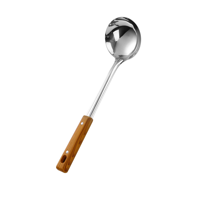 Juego de utensilios de cocina de acero inoxidable para cocinar aislamiento térmico engrosado mango de grano de madera espátula colador cuchara de sopa al por mayor utensilios de cocina domésticos