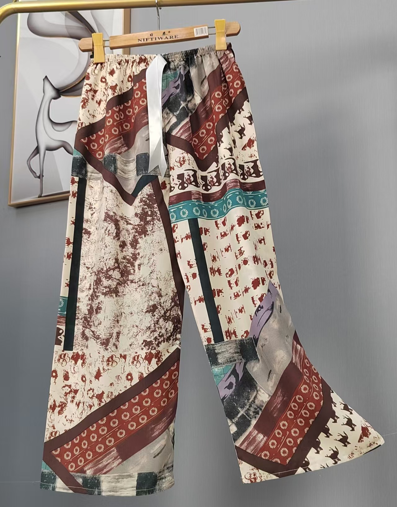 Pijama de seda de algodón para mujer, pantalones anchos de mujer embarazada de seda de algodón con estampado fino de verano