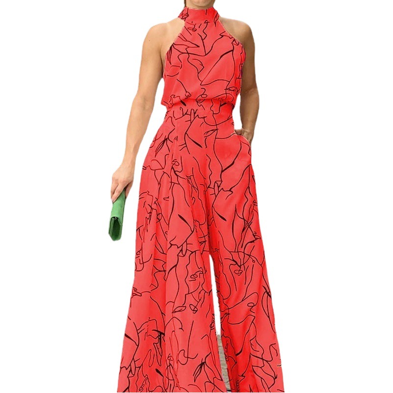 Mono largo sin mangas con estampado elegante y sexy, estilo europeo y americano, novedad primavera 2026, pantalón de pierna ancha transfronterizo.