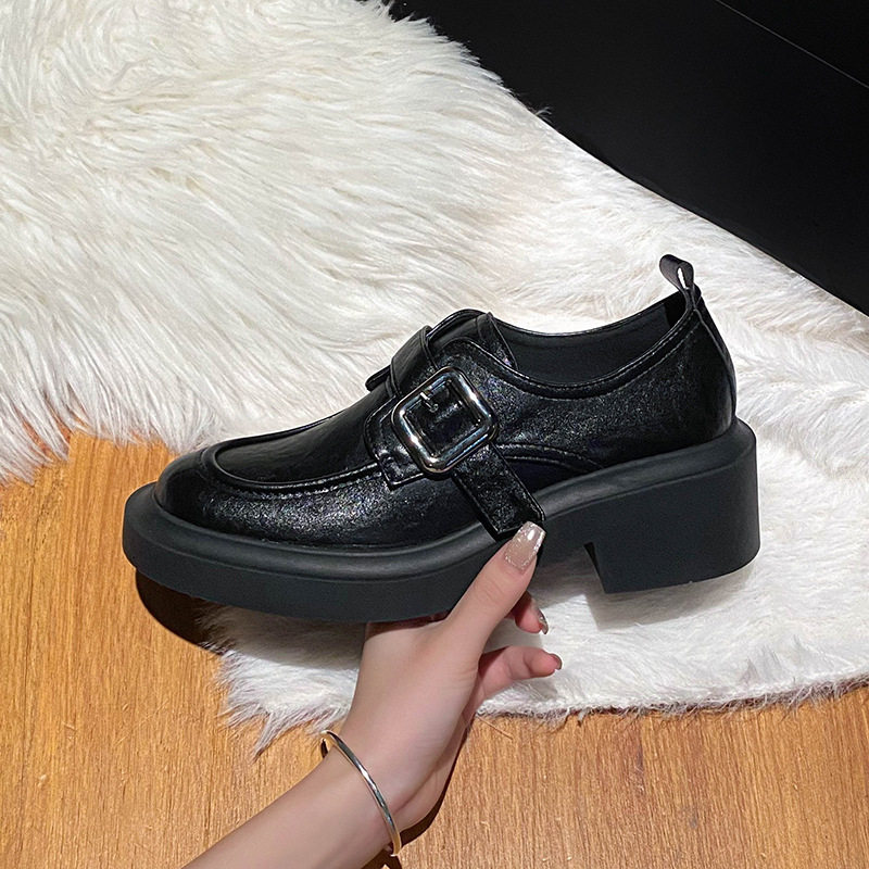Giày lười nữ mũi tròn gót thô 3–5 cm kiểu Anh, đế cao su — Màu nâu, Màu đen
