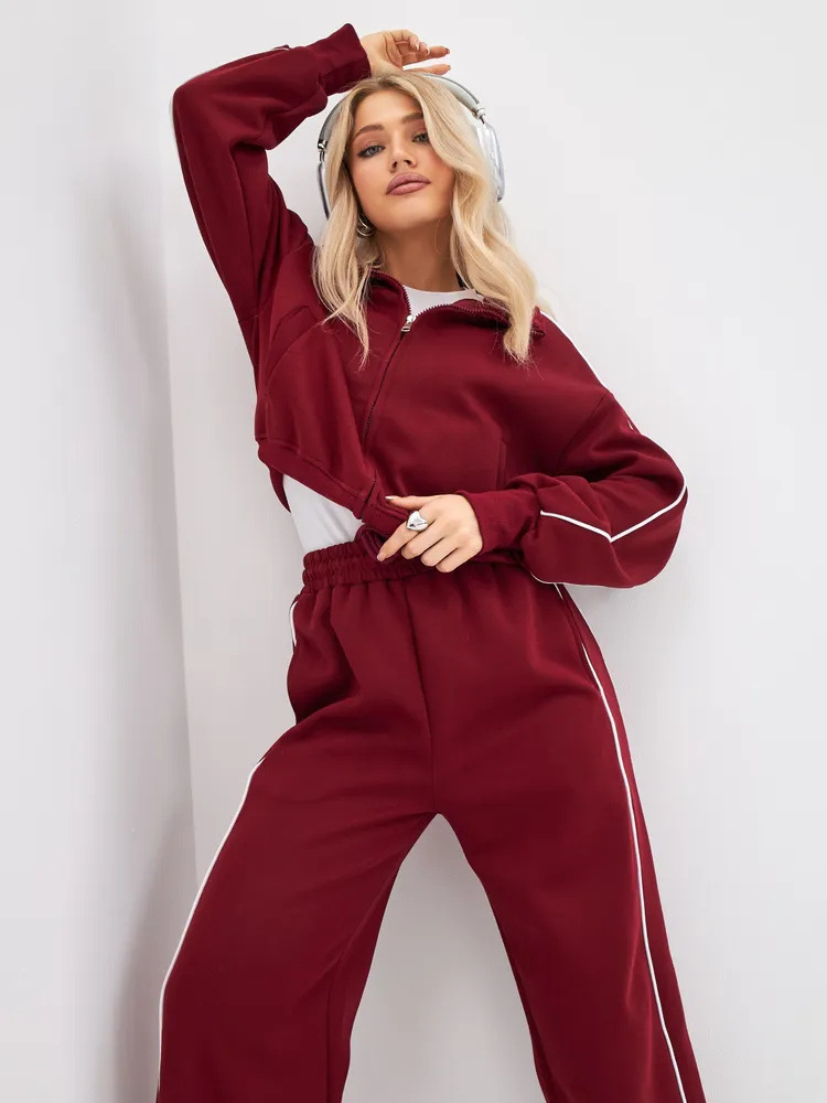 Women's Spring Autumn Sports Leisure Suit Loose Striped Sweatshirt Cardigan Trousers Fashion Pant Set Polyester Full Length_ecoleips.com