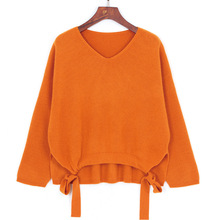 12针双元宝短款山羊绒针织衫 加厚V领前长后短宽松落肩袖女士毛衣