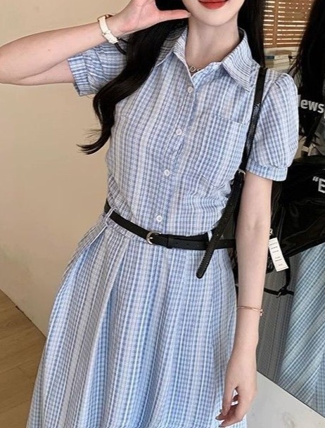 法式蓝色小清新条纹翻领连衣裙女夏季新款高级感气质收腰衬衫长裙|undefined