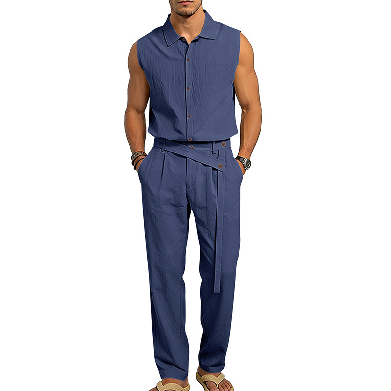 Men's Linen Blend Short Sleeve Shirt And Pants Set Breathable Casual Summer Outfit Comfortable Relaxed Fit_viptrois.com