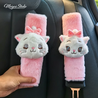Cover Mary Cat Plush Anti-Neck-Strangling: Seat belt shoulder pad - ml-cat-open-eyes-closed-eyes-cat-head-pink-bunny-fur-2-pack