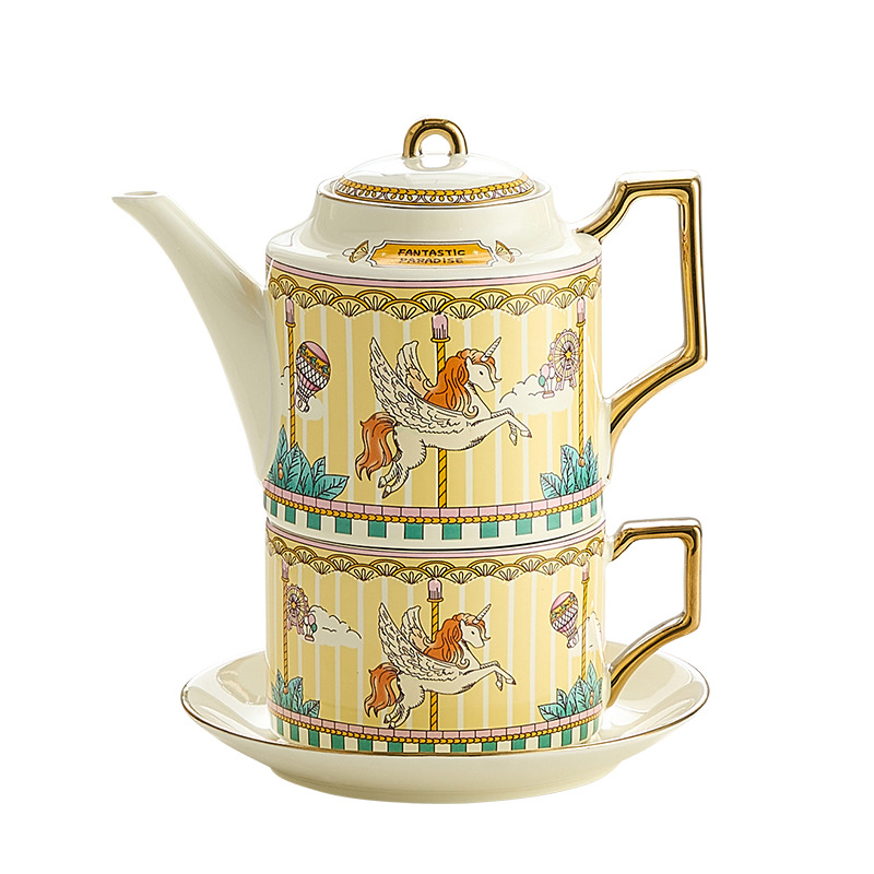 Juego de té de cerámica ins caja de regalo carrusel tetera británica taza y platillo de café dorado de Amazon