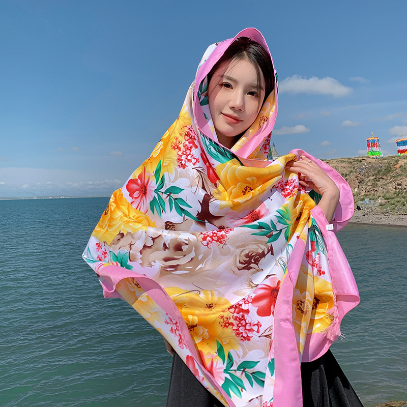 Nuevo estilo étnico flor grande impreso algodón y lino sensación bufanda viaje al aire libre fotografía de playa capa decorativa